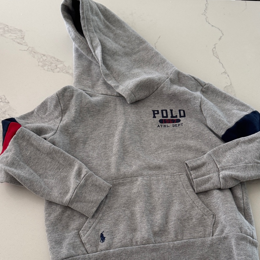 Polo Gray Hoodie 7 with Red and Blue Accents